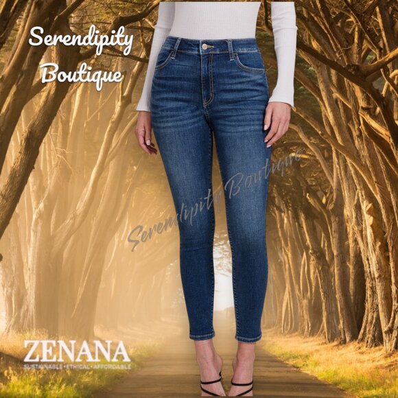 Zenana Super Stretch Skinny High Rise Lightly Distressed Dark Wash Denim Jeans - Picture 7 of 11